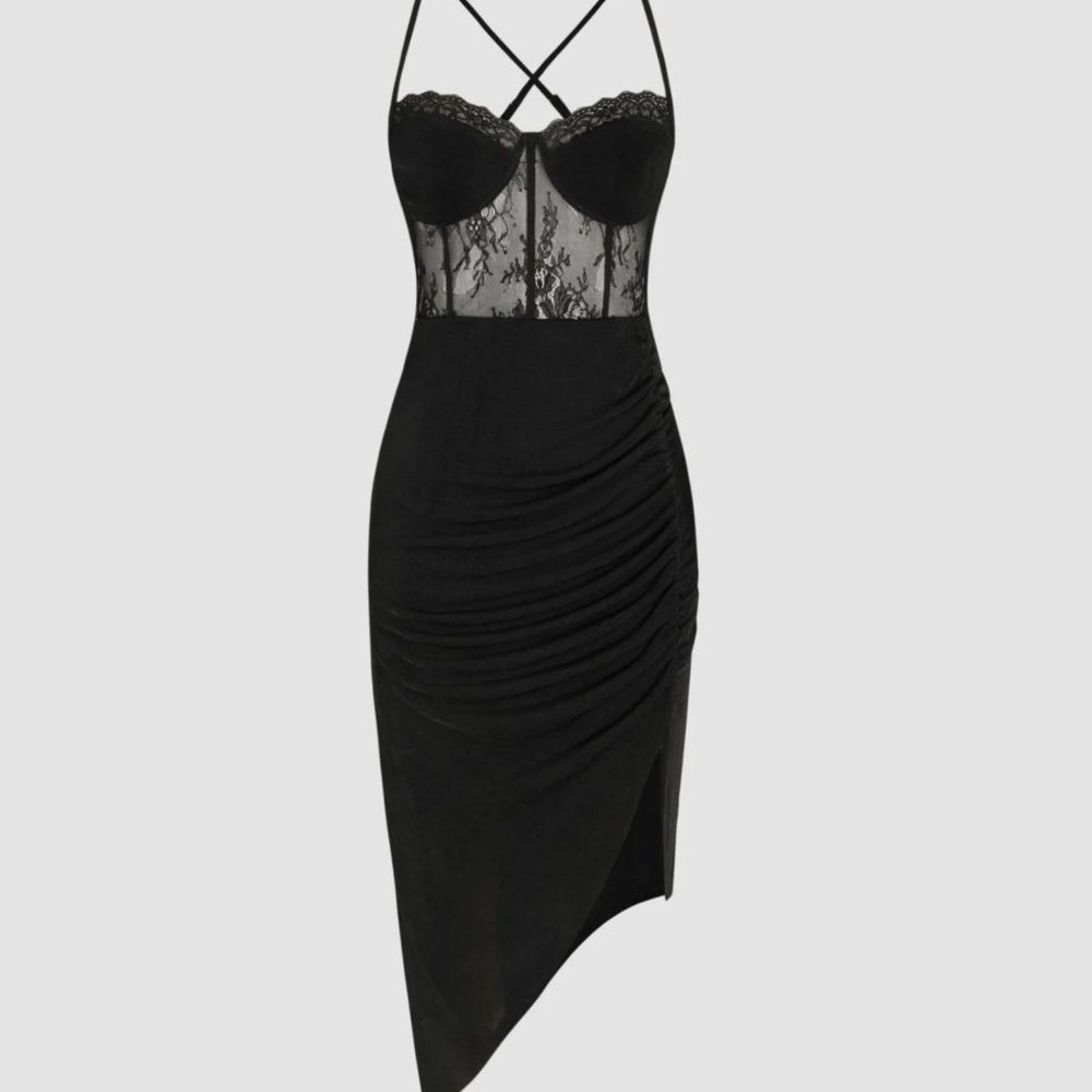 Cider Black Lace Corset-Bodice Midi Dress - Perfect for Valentine's Day